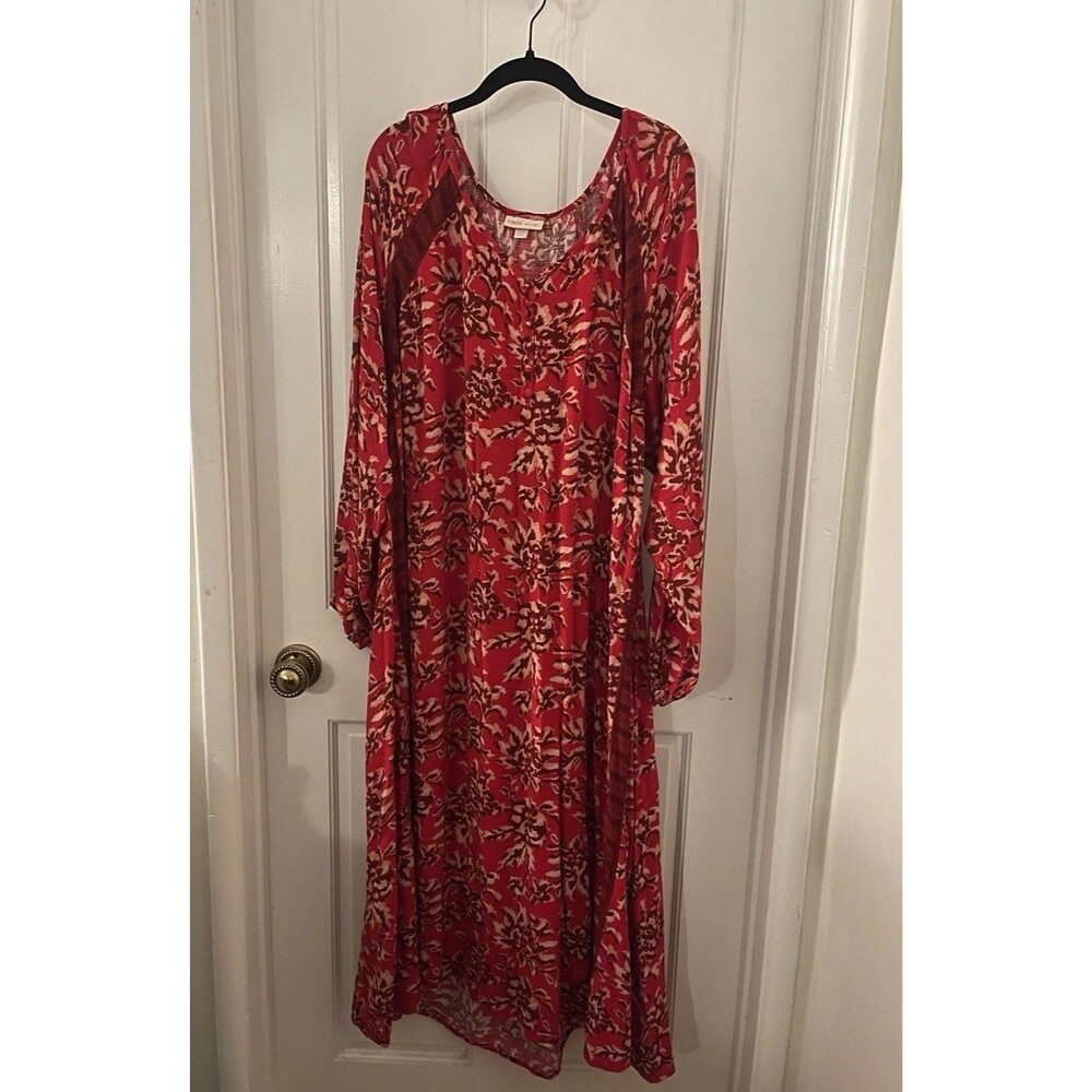 Knox Rose Women’s Red Floral Long Sleeve Maxi V-Neck Kaftan  Dress Size 1X